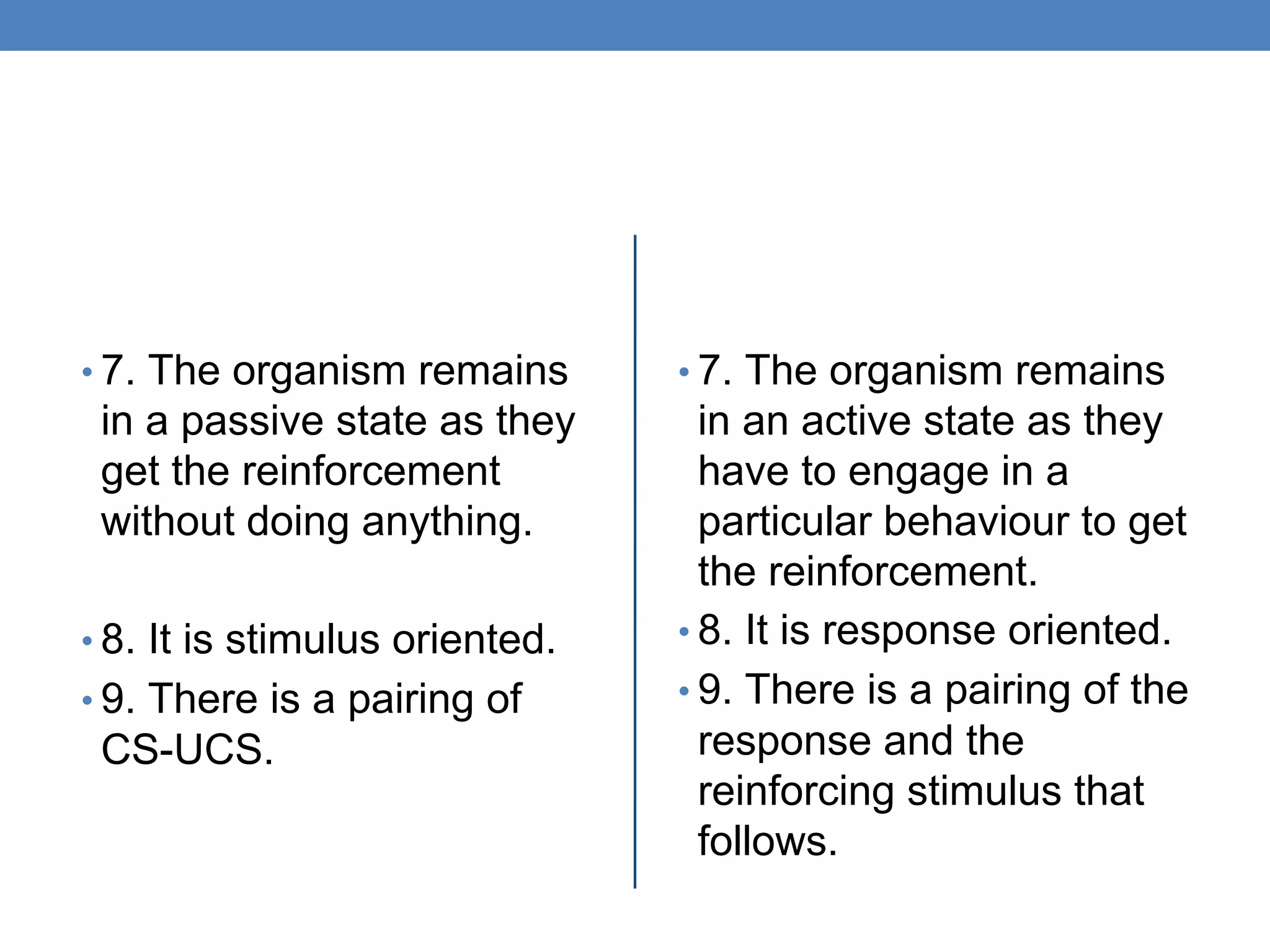 • 7. The organism remains
in a passive state as they
get the reinforcement
without doing anything.
• 8. It is stimulus oriented.
• 9. There is a pairing of
CS-UCS.
• 7. The organism remains
in an active state as they
have to engage in a
particular behaviour to get
the reinforcement.
• 8. It is response oriented.
• 9. There is a pairing of the
response and the
reinforcing stimulus that
follows.
 