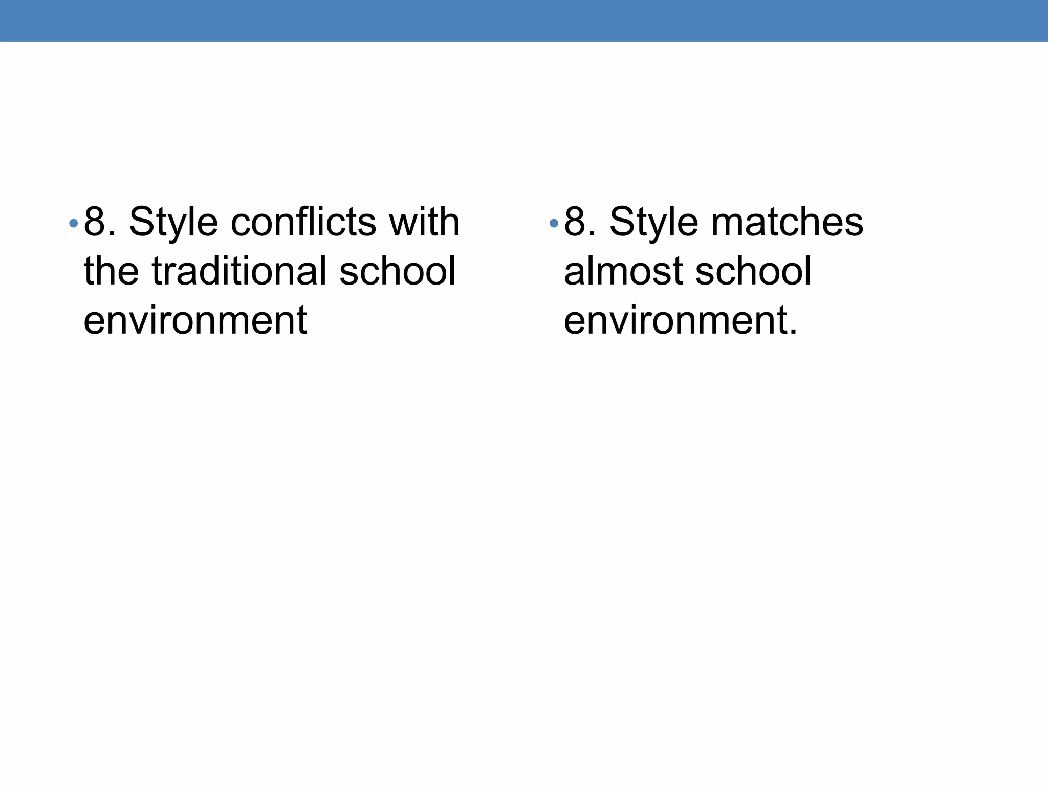 •8. Style conflicts with
the traditional school
environment
•8. Style matches
almost school
environment.
 