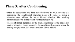 Phase 3: After Conditioning
• Once the association has been made between the UCS and the CS,
presenting the conditioned stimulus alone will come to evoke a
response even without the unconditioned stimulus. The resulting
response is known as the conditioned response (CR).
• The conditioned response is the learned response to the previously
neutral stimulus. In our example, the conditioned response would be
feeling hungry when you heard the sound of the whistle.
 