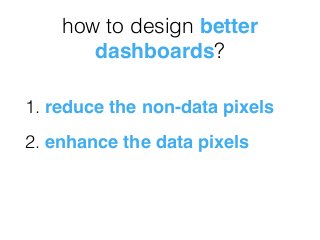 how to design better
dashboards?
1. reduce the non-data pixels
2. enhance the data pixels
 