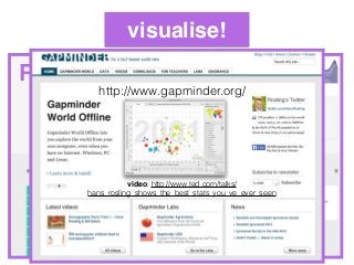 visualise!
ManyEyeshttp://www.manyeyes.com/software/analytics/manyeyes/
RAW
http://app.raw.densitydesign.org/#%2F
video: http://www.ted.com/talks/
hans_rosling_shows_the_best_stats_you_ve_ever_seen
http://www.gapminder.org/
 