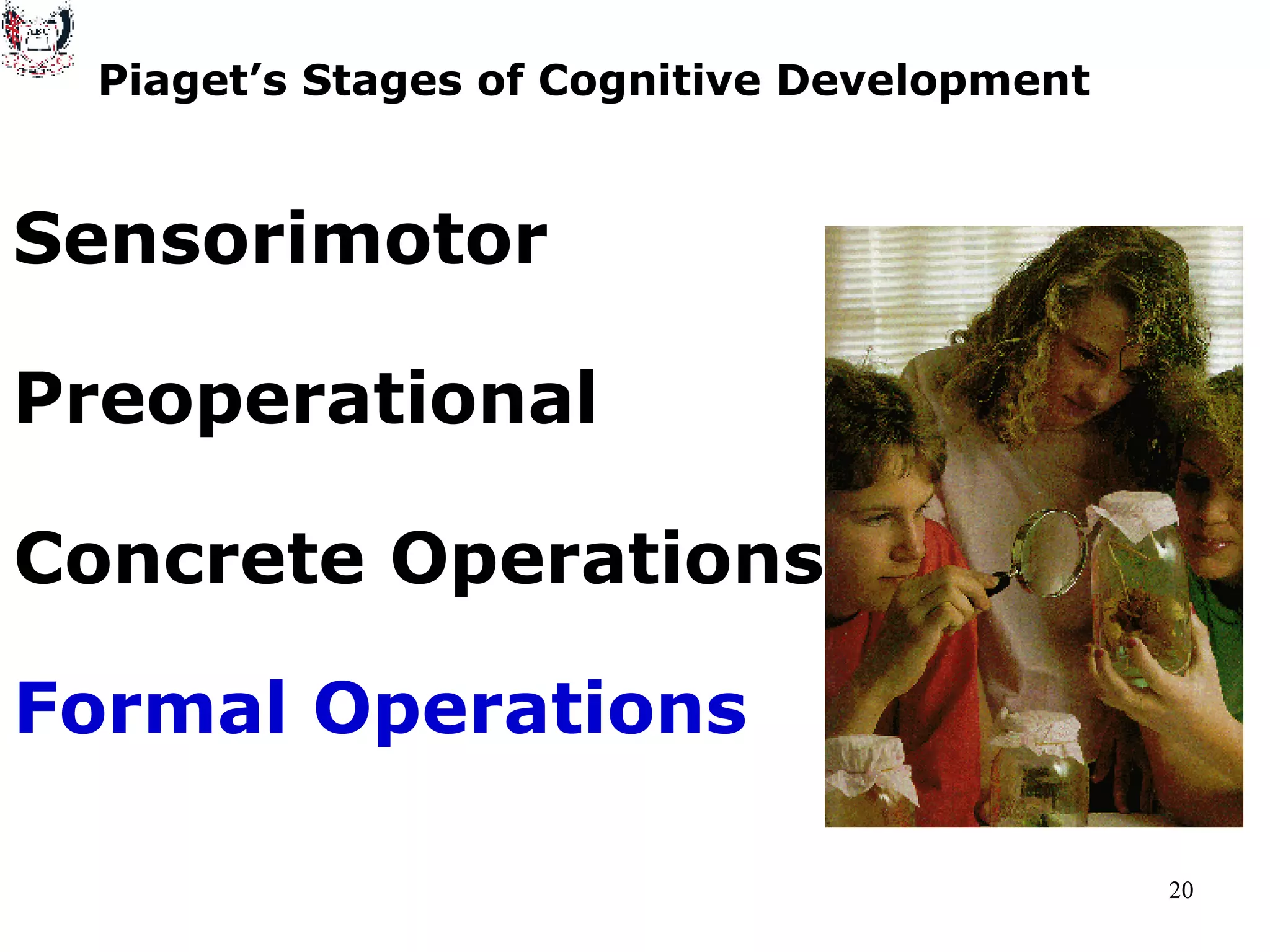 Formal Operations Piaget’s Stages of Cognitive Development Sensorimotor Preoperational Concrete Operations 