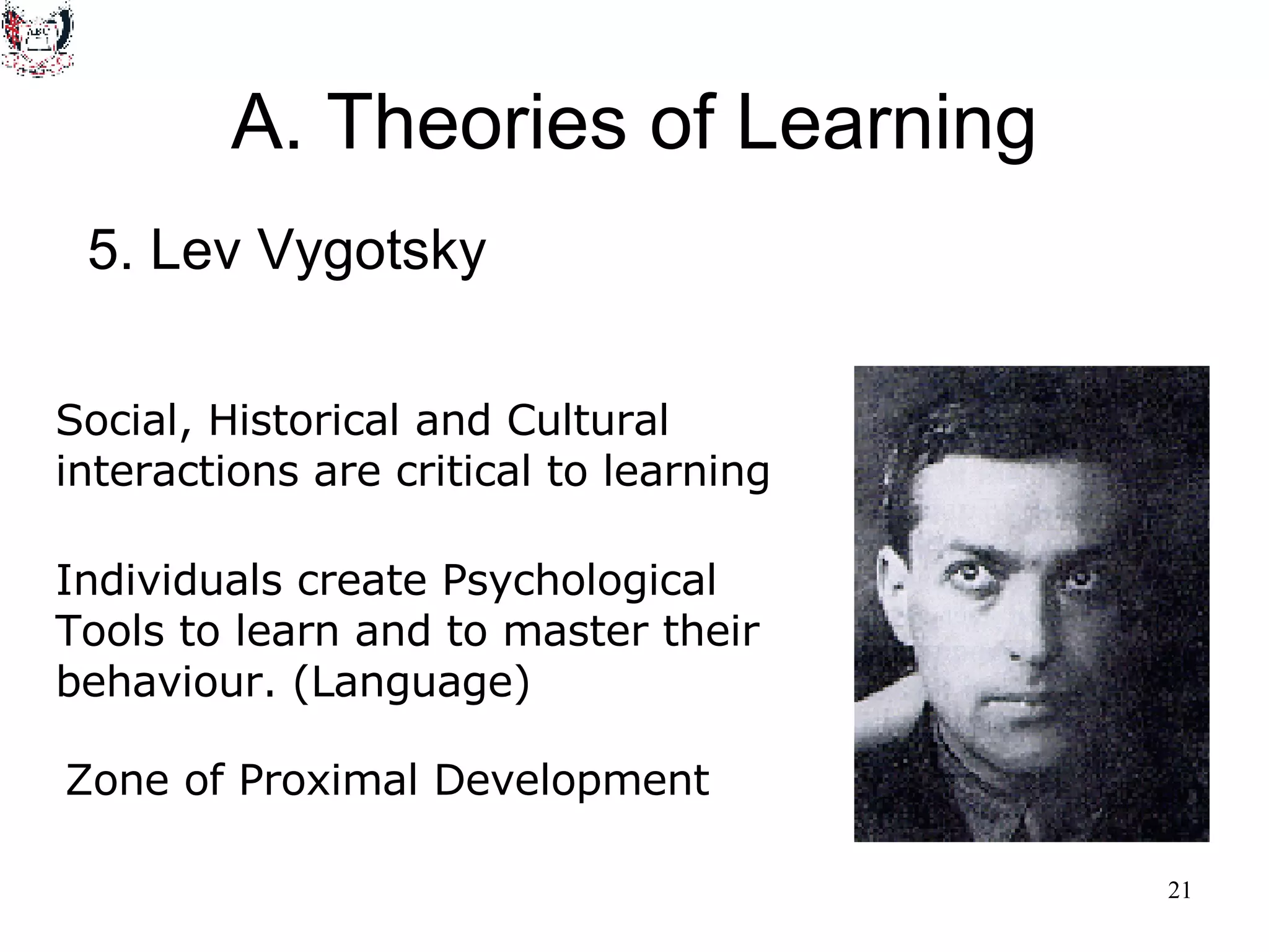 A. Theories of Learning 5. Lev Vygotsky Social, Historical and Cultural interactions are critical to learning Individuals create Psychological  Tools to learn and to master their  behaviour. (Language) Zone of Proximal Development 