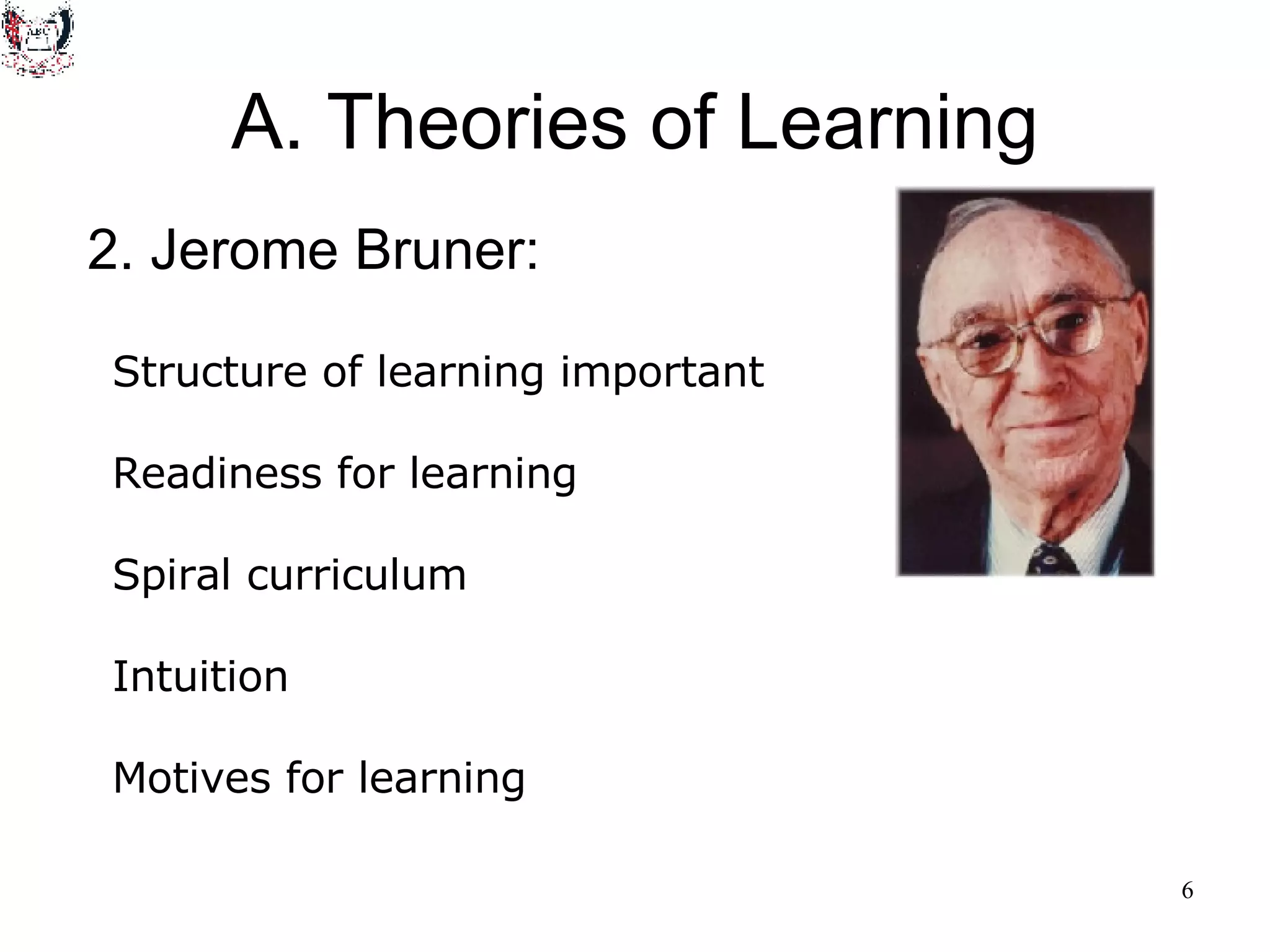 A. Theories of Learning 2. Jerome Bruner: Structure of learning important Readiness for learning Spiral curriculum Intuition Motives for learning 