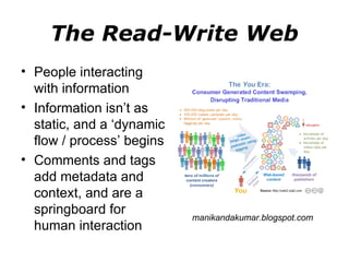 The Read-Write Web People interacting with information Information isn’t as static, and a ‘dynamic flow / process’ begins Comments and tags add metadata and context, and are a springboard for human interaction manikandakumar.blogspot.com 