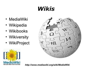 Wikis MediaWiki Wikipedia Wikibooks Wikiversity WikiProject http://www.mediawiki.org/wiki/MediaWiki  