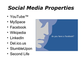 Social Media Properties YouTube™ MySpace Facebook Wikipedia LinkedIn Del.ico.us StumbleUpon Second Life 