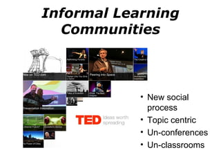 Informal Learning Communities New social process Topic centric Un-conferences Un-classrooms 