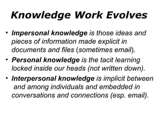 Knowledge Work Evolves Impersonal knowledge  is those ideas and pieces of information made explicit in documents and files  ( sometimes email ). Personal knowledge  is the tacit learning locked inside our heads (not written down). Interpersonal knowledge  is implicit between  and among individuals and embedded in conversations and connections (esp. email). 