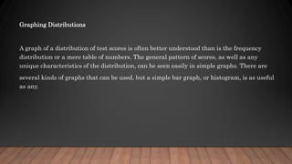 Graphing Distributions
A graph of a distribution of test scores is often better understood than is the frequency
distribution or a mere table of numbers. The general pattern of scores, as well as any
unique characteristics of the distribution, can be seen easily in simple graphs. There are
several kinds of graphs that can be used, but a simple bar graph, or histogram, is as useful
as any.
 