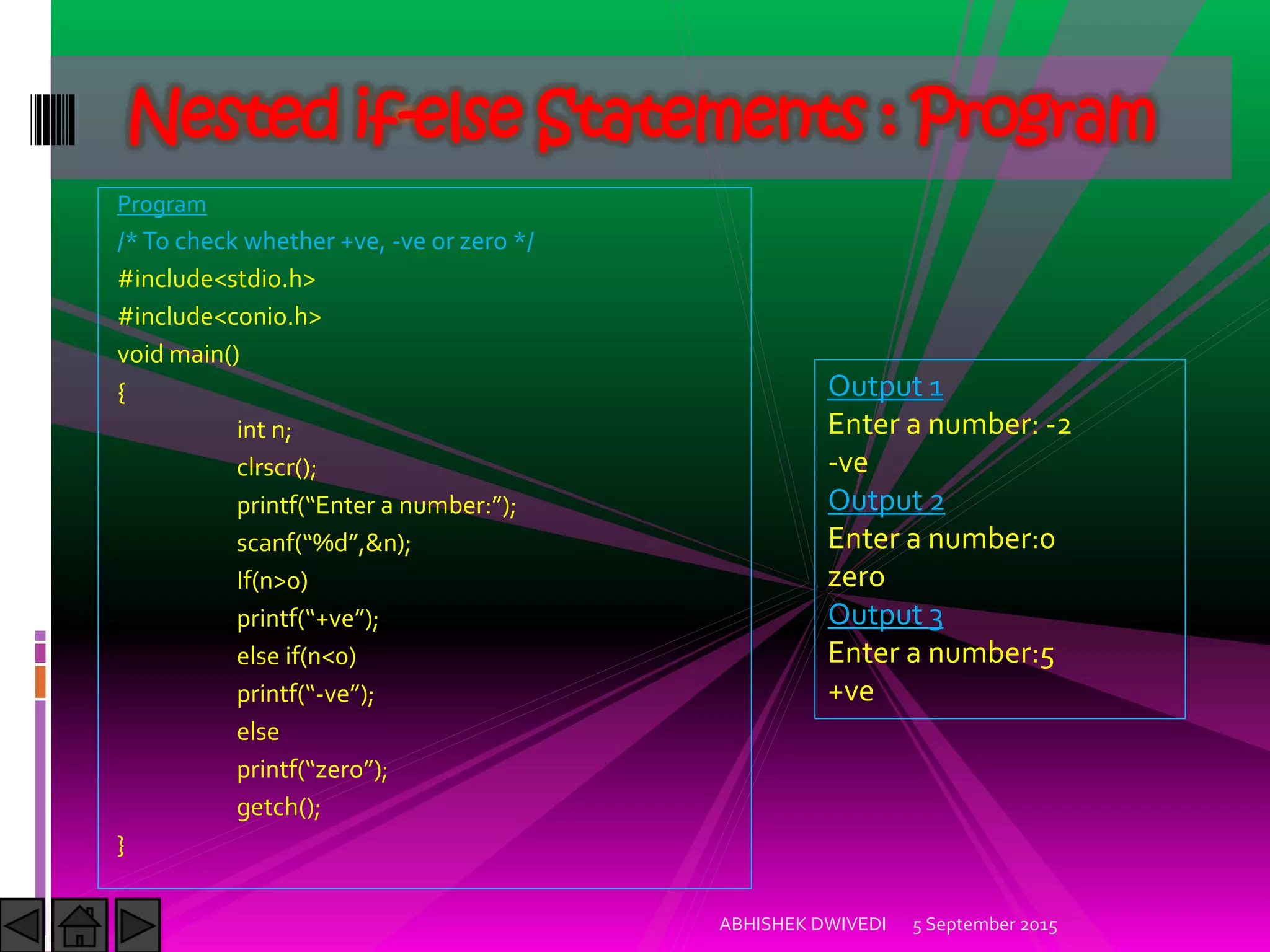 Program
/*To check whether +ve, -ve or zero */
#include<stdio.h>
#include<conio.h>
void main()
{
int n;
clrscr();
printf Enter a number: ;
scanf %d ,&n);
If(n>0)
printf +ve ;
else if(n<0)
printf -ve ;
else
printf zero ;
getch();
}
5 September 2015ABHISHEK DWIVEDI
Nested if-else Statements : Program
Output 1
Enter a number: -2
-ve
Output 2
Enter a number:0
zero
Output 3
Enter a number:5
+ve
 