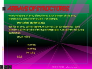 we may declare an array of structures, each element of the array
representing a structure variable. For example,
struct class student[100];
defines an array called student, that consists of 100 elements. Each
element is defined to be of the type struct class. Consider the following
declaration:
struct marks
{
int sub1;
int sub2;
int sub3;
}s[5];
5 September 2015ABHISHEK DWIVEDI
ARRAYS OF STRUCTURES
 