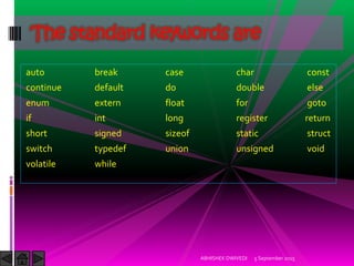 auto break case char const
continue default do double else
enum extern float for goto
if int long register return
short signed sizeof static struct
switch typedef union unsigned void
volatile while
The standard keywords are
5 September 2015ABHISHEK DWIVEDI
 