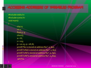 #include<stdio.h>
#include<conio.h>
void main()
{
char a;
int x;
float p, q;
clrscr();
a = A ;
x = 125;
p = 10.25, q = 18.76;
printf %c is stored at address %u , a, &a ;
printf n%d is stored at address %u , x, &x ;
printf n%f is stored at address %u , p, &p ;
printf n%f is stored at address %u , q, &q ;
getch();
}
5 September 2015ABHISHEK DWIVEDI
ACCESSING ADDRESSES OF VARIABLES : PROGRAM
 
