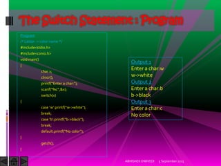 Program
/* Letter -> color name */
#include<stdio.h>
#include<conio.h>
void main()
{
char x;
clrscr();
printf Enter a char: ;
scanf %c ,&x);
switch(x)
{
case w :printf w->white ;
break;
case b :printf b->black ;
break;
default:printf No color ;
}
getch();
}
5 September 2015ABHISHEK DWIVEDI
The Switch Statement : Program
Output 1
Enter a char:w
w->white
Output 2
Enter a char:b
b->black
Output 3
Enter a char:c
No color
 