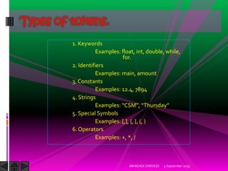 1. Keywords
Examples: float, int, double, while,
for.
2. Identifiers
Examples: main, amount
3. Constants
Examples: 12.4, 7894
4. Strings
Examples: CSM , Thursday
5. Special Symbols
Examples: [,], {, }, (, )
6. Operators
Examples: +, *, /
Types of tokens.
5 September 2015ABHISHEK DWIVEDI
 