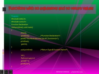 Program
#include<stdio.h>
#include<conio.h>
Function Declaration
void printline(); void main()
{
clrscr();
printline(); /*Function Declaration*/
printf This illustrates the use of C functionsn ;
printline();
getch();
}
void printline() /*ReturnType & Function Name*/
{
int i;
for(i=1;i<=40;i++)
printf - ;
printf n ;
}
5 September 2015ABHISHEK DWIVEDI
Functions with no arguments and no return values
 