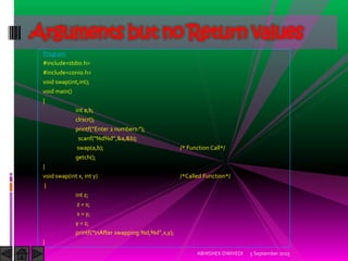 Program
#include<stdio.h>
#include<conio.h>
void swap(int,int);
void main()
{
int a,b;
clrscr();
printf Enter numbers: ;
scanf %d%d ,&a,&b);
swap(a,b); /* Function Call*/
getch();
}
void swap(int x, int y) /*Called Function*/
{
int z;
z = x;
x = y;
y = z;
printf nAfter swapping:%d,%d ,x,y);
}
5 September 2015ABHISHEK DWIVEDI
Arguments but no Return values
 
