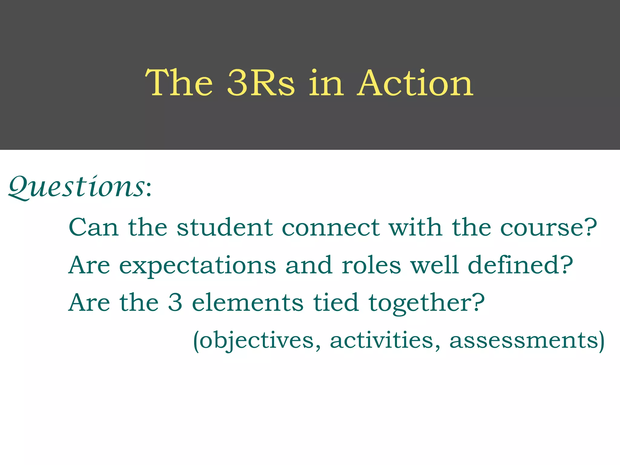 The 3Rs in Action

Questions:
    Can the student connect with the course?
    Are expectations and roles well defined?
    Are the 3 elements tied together?
             (objectives, activities, assessments)
 