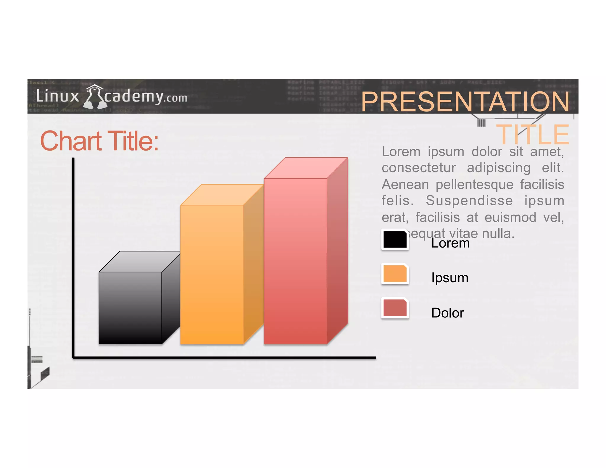 PRESENTATION
TITLEChart Title: Lorem ipsum dolor sit amet,
consectetur adipiscing elit.
Aenean pellentesque facilisis
felis. Suspendisse ipsum
erat, facilisis at euismod vel,
consequat vitae nulla.
Lorem
Ipsum
Dolor
 