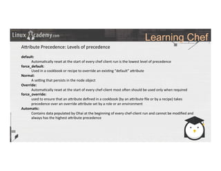 Learning Chef
	
  
	
  
A_ribute	
  Precedence:	
  Levels	
  of	
  precedence	
  
	
  
default:	
  
	
  Automa>cally	
  reset	
  at	
  the	
  start	
  of	
  every	
  chef	
  client	
  run	
  is	
  the	
  lowest	
  level	
  of	
  precedence	
  	
  
force_default:	
  
	
  Used	
  in	
  a	
  cookbook	
  or	
  recipe	
  to	
  override	
  an	
  exis>ng	
  “default”	
  a_ribute	
  	
  
Normal:	
  
	
  A	
  selng	
  that	
  persists	
  in	
  the	
  node	
  object	
  	
  
Override:	
  
	
  Automa>cally	
  reset	
  at	
  the	
  start	
  of	
  every	
  chef-­‐client	
  most	
  o#en	
  should	
  be	
  used	
  only	
  when	
  required	
  
force_override:	
  	
  	
  
	
  used	
  to	
  ensure	
  that	
  an	
  a_ribute	
  deﬁned	
  in	
  a	
  cookbook	
  (by	
  an	
  a_ribute	
  ﬁle	
  or	
  by	
  a	
  recipe)	
  takes	
  
	
  precedence	
  over	
  an	
  override	
  a_ribute	
  set	
  by	
  a	
  role	
  or	
  an	
  environment	
  
Automa9c:	
  	
  
	
  Contains	
  data	
  populated	
  by	
  Ohai	
  at	
  the	
  beginning	
  of	
  every	
  chef-­‐client	
  run	
  and	
  cannot	
  be	
  modiﬁed	
  and	
  	
  	
  	
  	
  	
  	
  
	
  always	
  has	
  the	
  highest	
  a_ribute	
  precedence	
  
	
  
	
  
	
  
	
  
	
  
	
  
	
  	
  
	
  
 