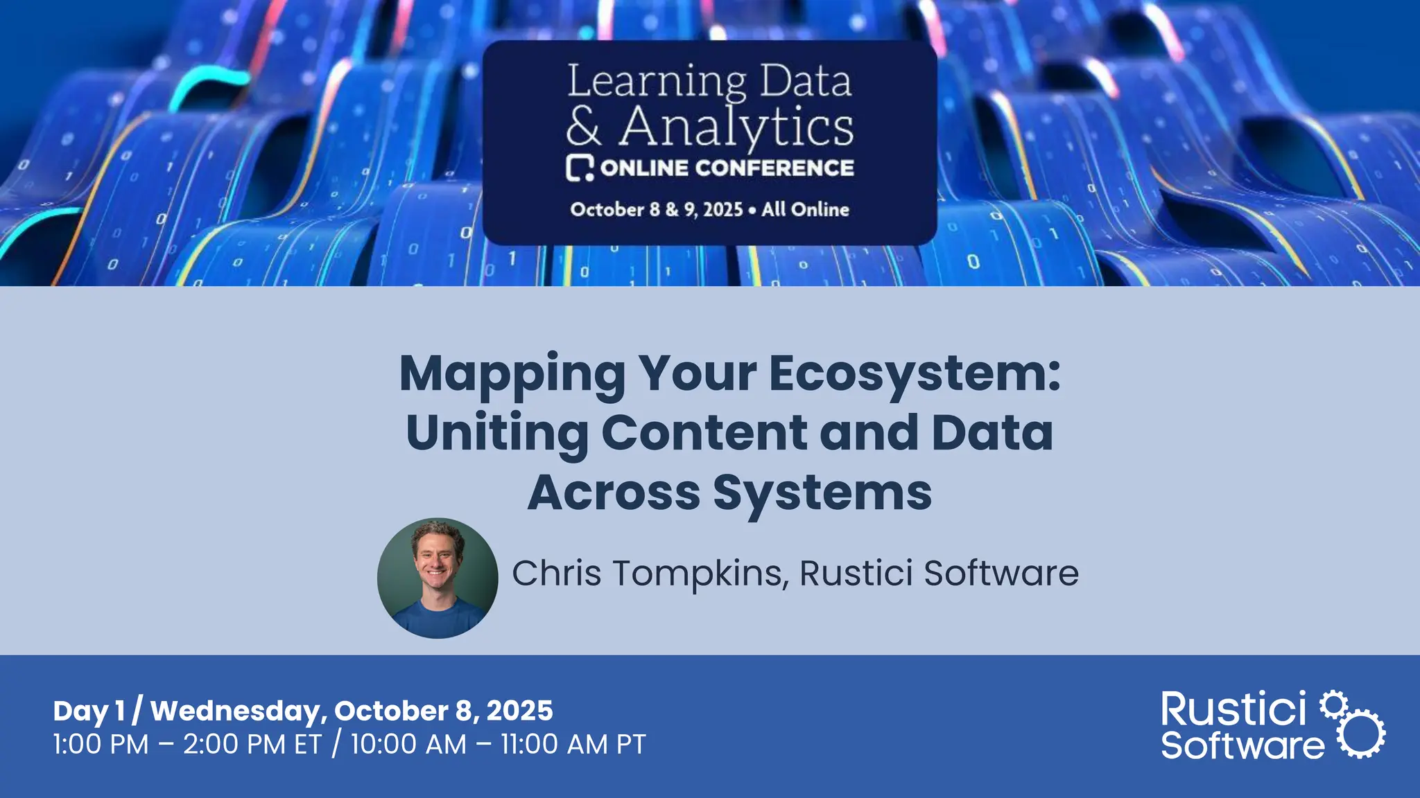 Chris Tompkins, Rustici Software
Mapping Your Ecosystem:
Uniting Content and Data
Across Systems
Day 1 / Wednesday, October 8, 2025
1:00 PM – 2:00 PM ET / 10:00 AM – 11:00 AM PT
 