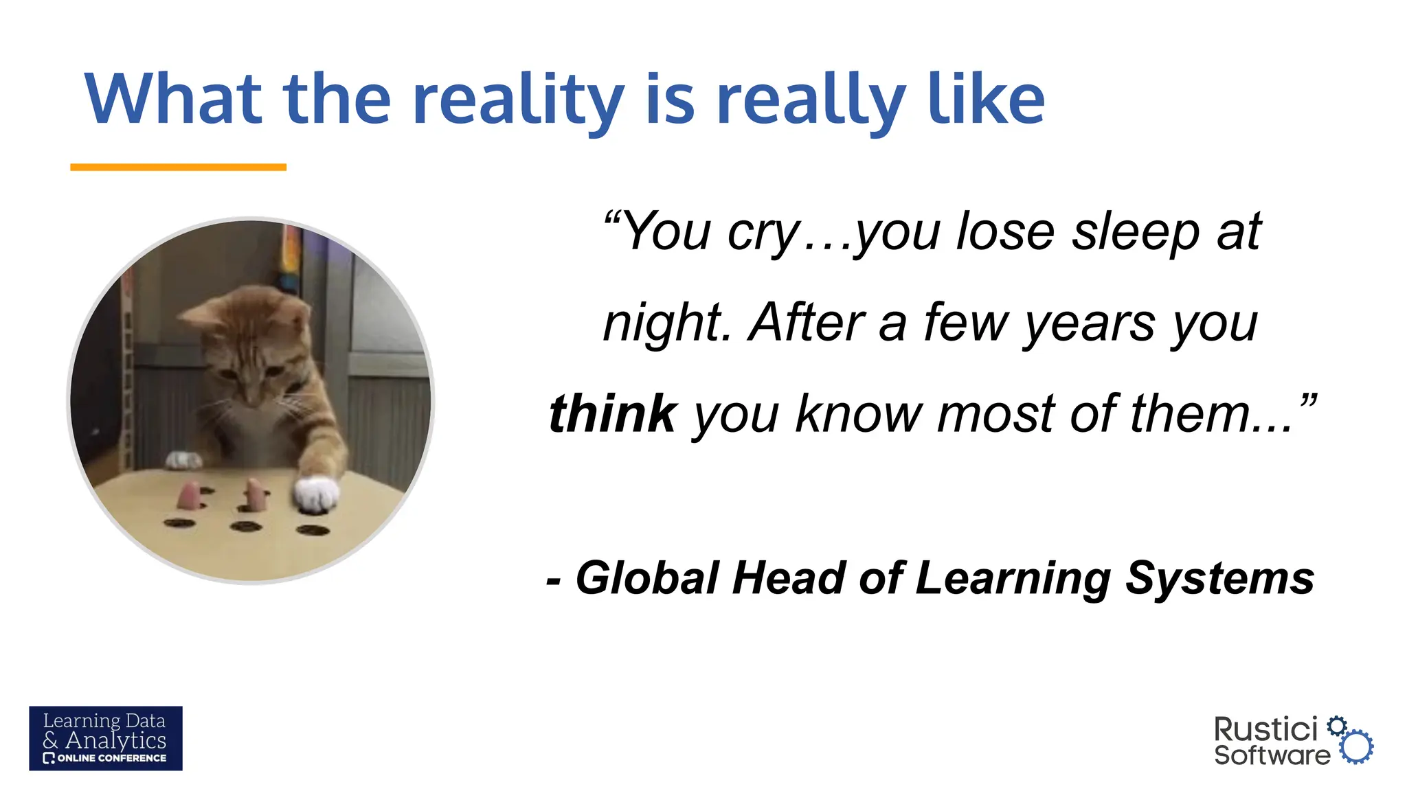 What the reality is really like
“You cry…you lose sleep at
night. After a few years you
think you know most of them...”
- Global Head of Learning Systems
 