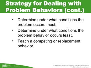 Strategy for Dealing with Problem Behaviors (cont.) <ul><li>Determine under what conditions the problem occurs most. </li>...