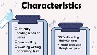  Difficulty writing
their own name
 Trouble organizing
thoughts on paper
Difficulty
holding a pen or
pencil
Poor spelling
Avoiding writing
or drawing task
Characteristics
 