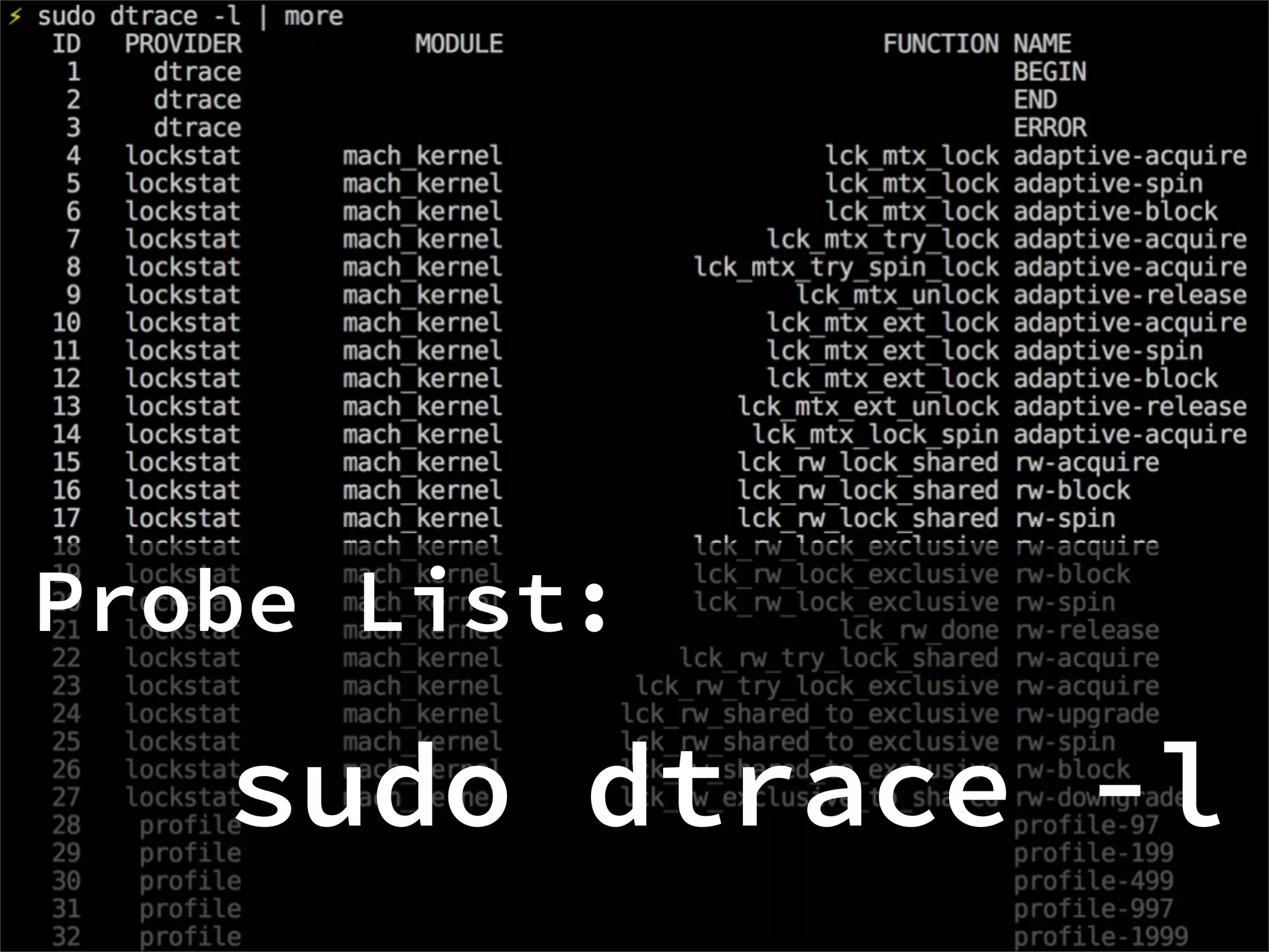 Probe List:

   sudo dtrace -l
 