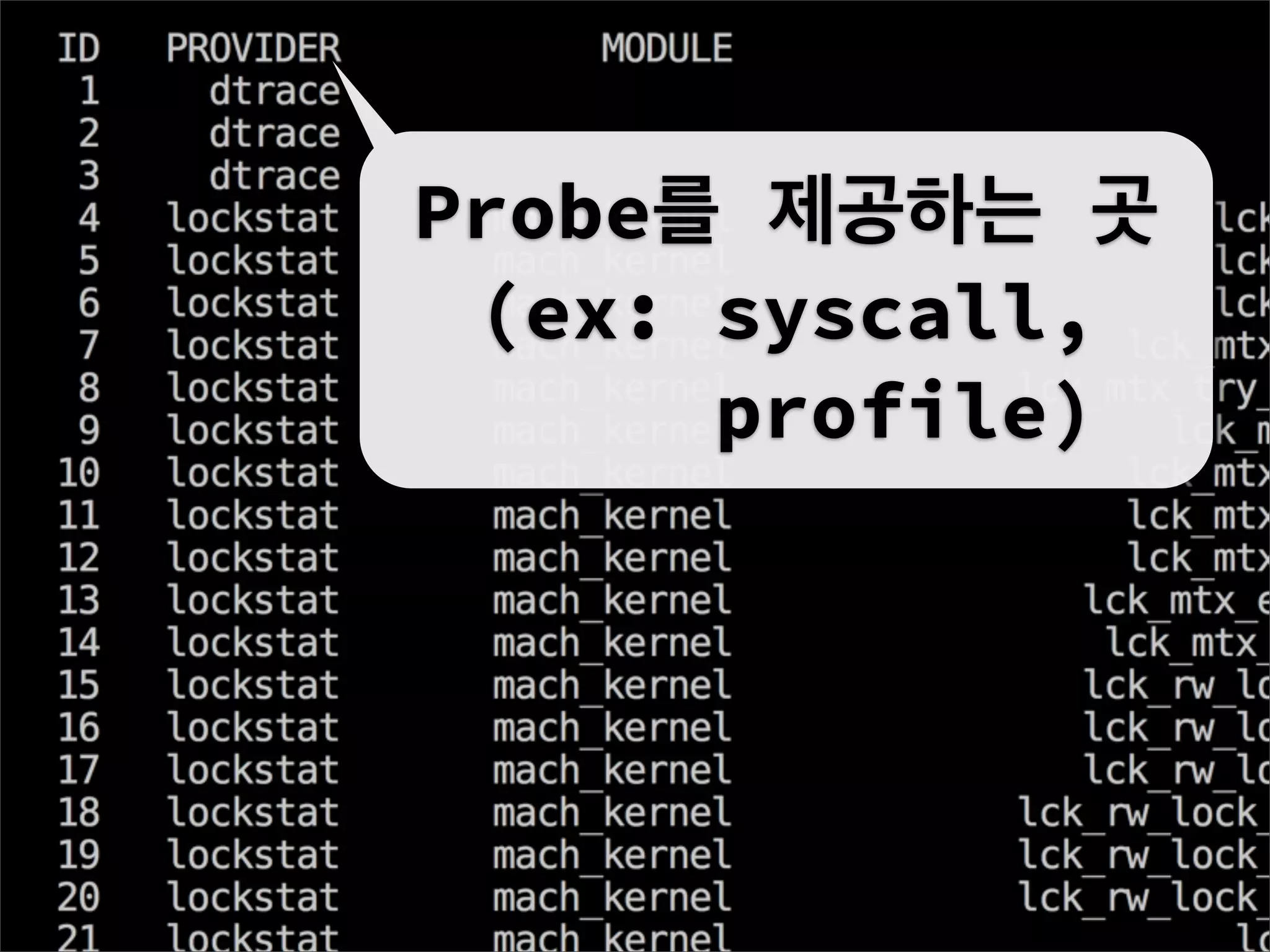 Probe를 제공하는 곳
 (ex: syscall,
      profile)
 