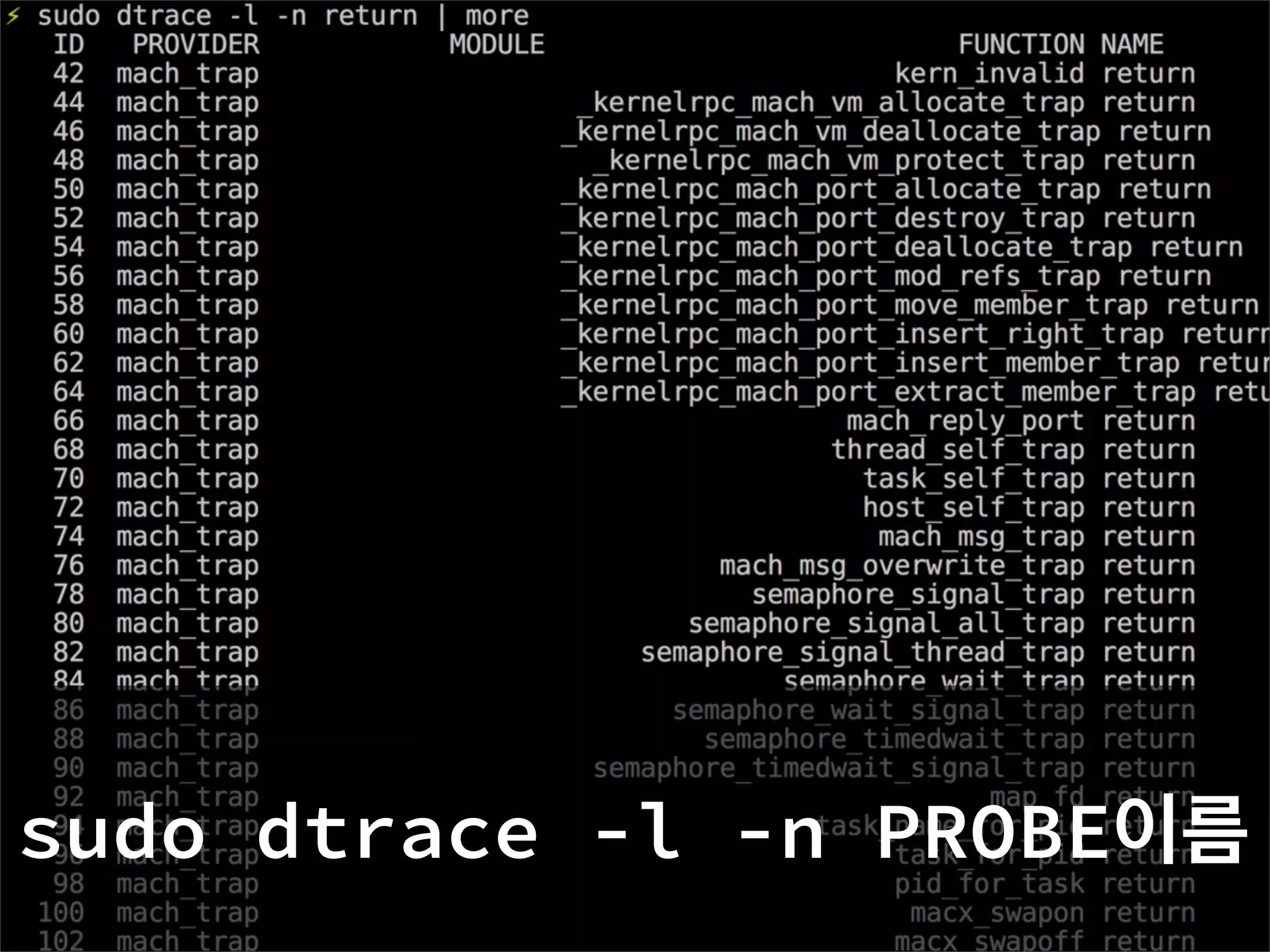 sudo dtrace -l -n PROBE이름
 
