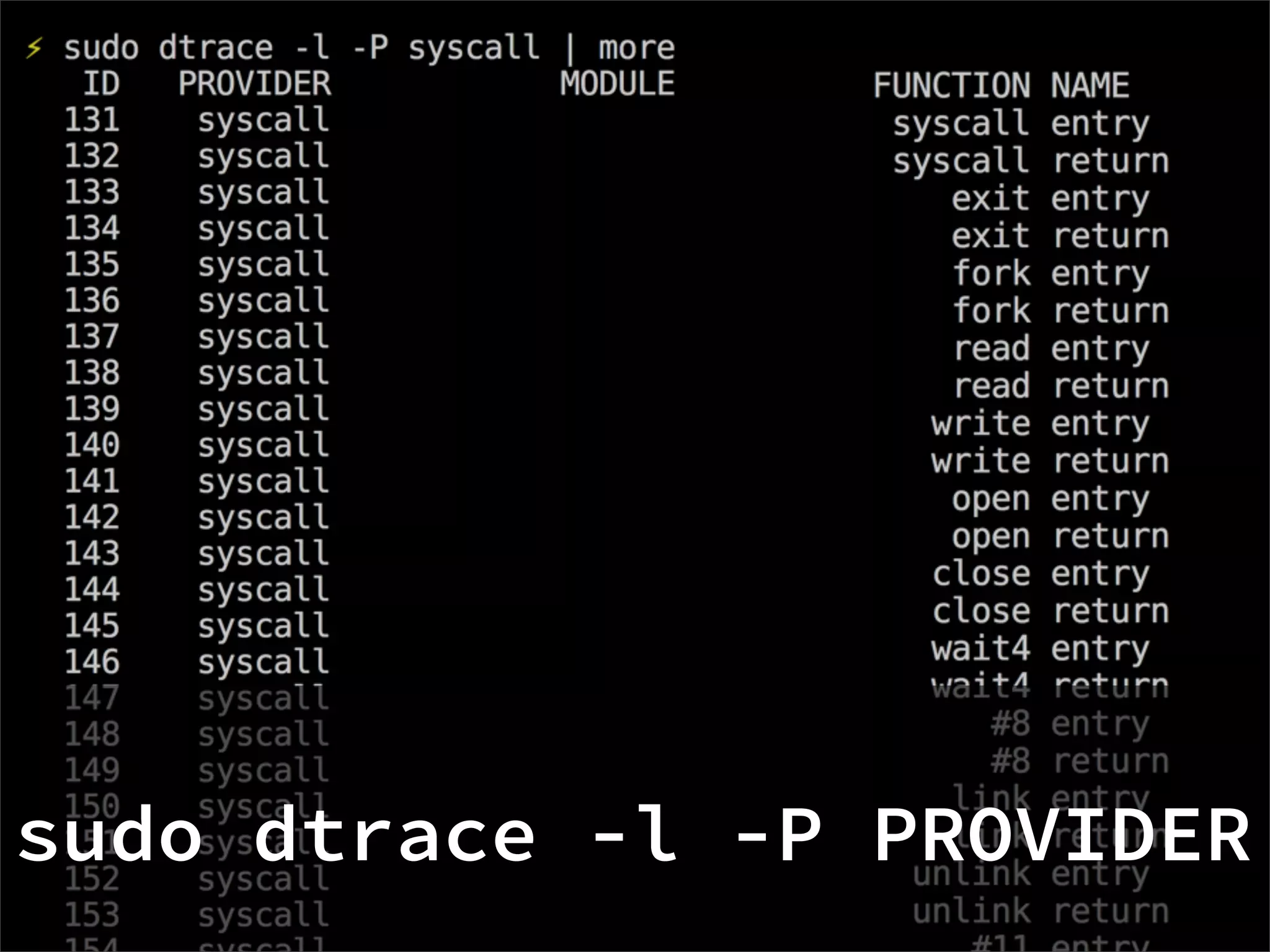 sudo dtrace -l -P PROVIDER
 