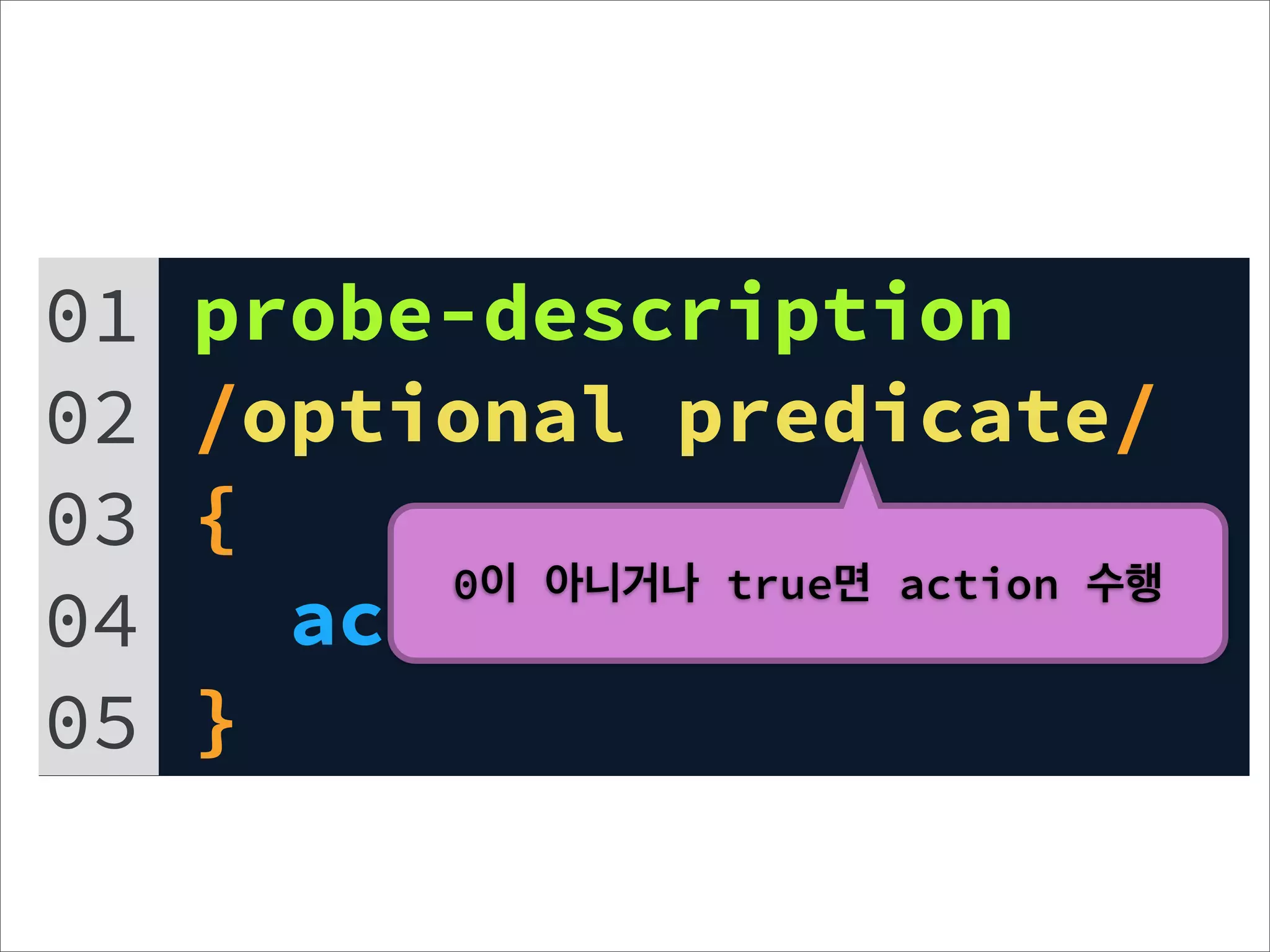 01   probe-description
02   /optional predicate/
03   {
          0이 아니거나 true면 action 수행
04     action statements;
05   }
 