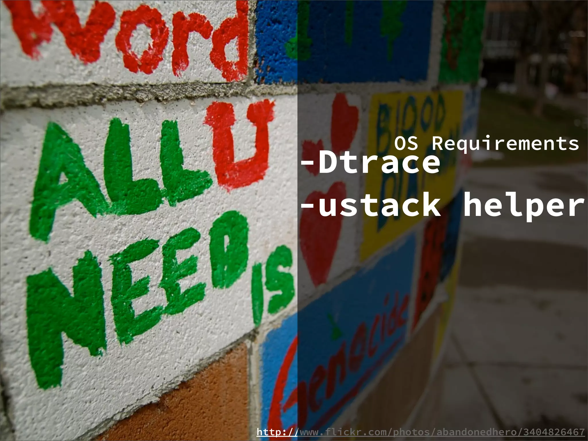 OS Requirements
      -Dtrace
      -ustack helper




http://www.flickr.com/photos/abandonedhero/3404826467
 