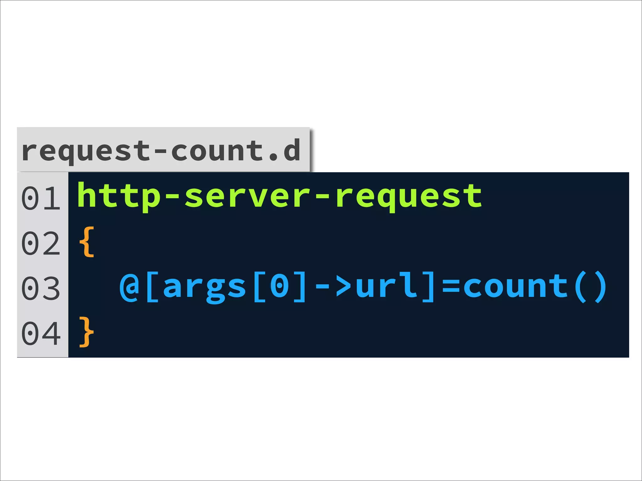 request-count.d
01 http-server-request
02 {
03   @[args[0]->url]=count()
04 }
 