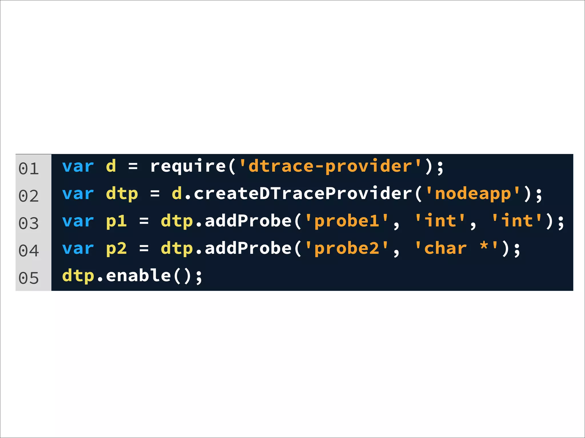 01   var d = require('dtrace-provider');
02   var dtp = d.createDTraceProvider('nodeapp');
03   var p1 = dtp.addProbe('probe1', 'int', 'int');
04   var p2 = dtp.addProbe('probe2', 'char *');
05   dtp.enable();
 
