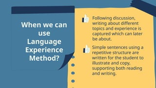 Following discussion,
writing about different
topics and experience is
captured which can later
be about.
When we can
use
Language
Experience
Method?
Simple sentences using a
repetitive structure are
written for the student to
illustrate and copy,
supporting both reading
and writing.
 
