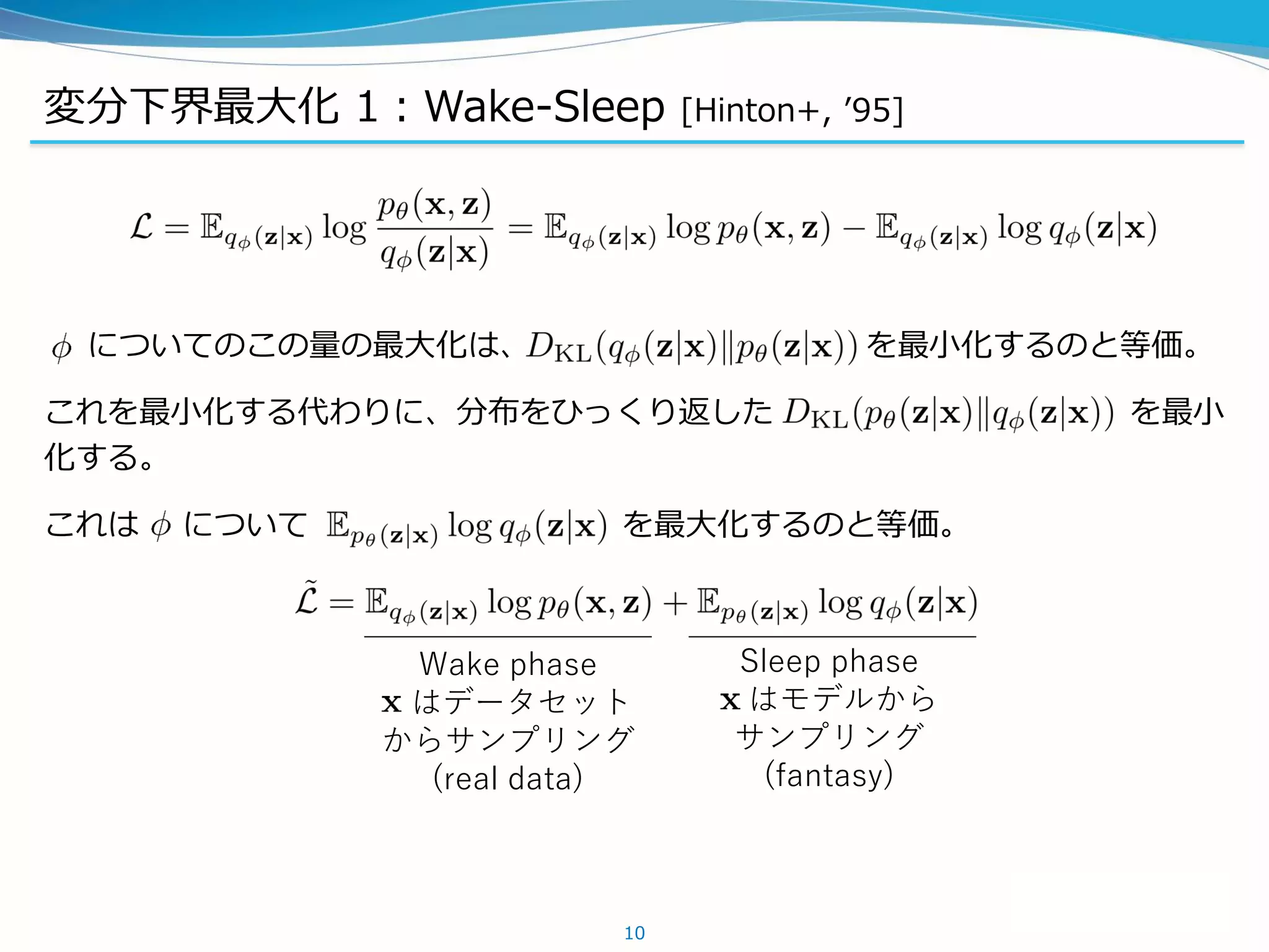 変分下界最大化 1：Wake-Sleep [Hinton+, ’95]
についてのこの量の最大化は、 を最小化するのと等価。
これを最小化する代わりに、分布をひっくり返した を最小
化する。
これは について を最大化するのと等価。
10
Wake phase
はデータセット
からサンプリング
(real data)
Sleep phase
はモデルから
サンプリング
(fantasy)
 