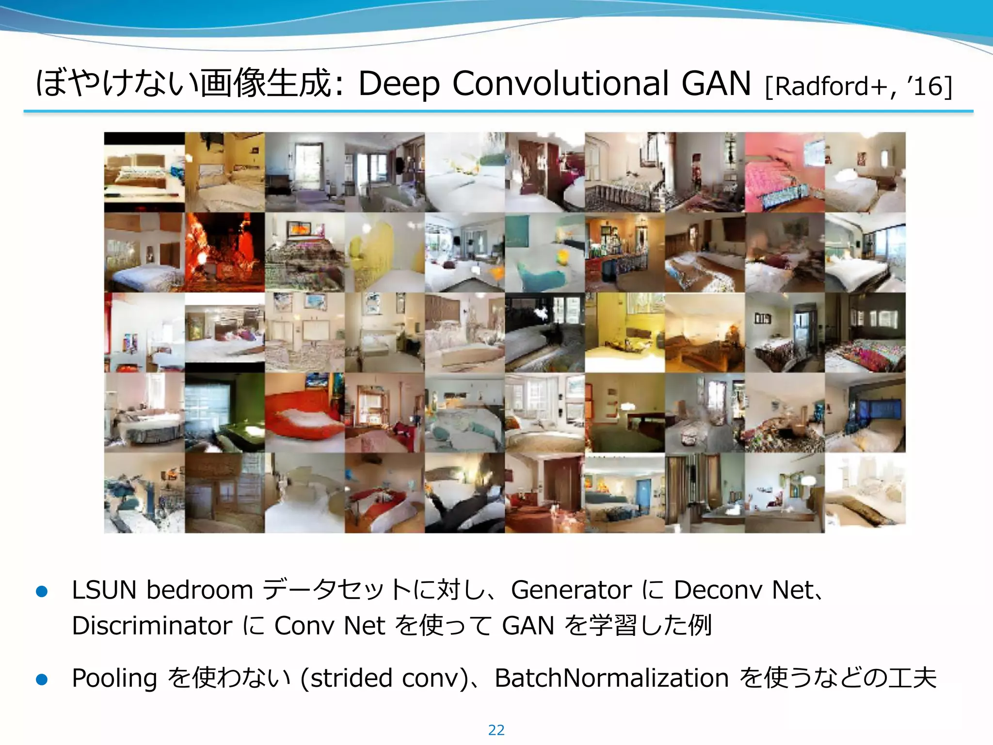 ぼやけない画像生成: Deep Convolutional GAN [Radford+, ’16]
22
 LSUN bedroom データセットに対し、Generator に Deconv Net、
Discriminator に Conv Net を使って GAN を学習した例
 Pooling を使わない (strided conv)、BatchNormalization を使うなどの工夫
 