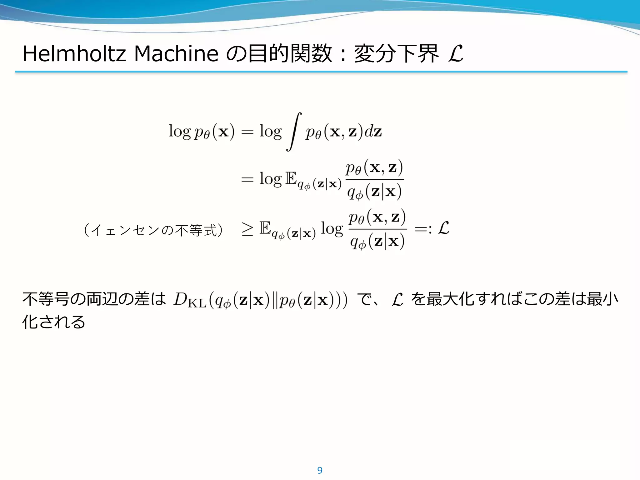 Helmholtz Machine の目的関数：変分下界
不等号の両辺の差は で、 を最大化すればこの差は最小
化される
9
（イェンセンの不等式）
 