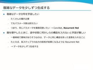 複雑なデータを少しずつ生成する
 複雑なデータ分布を学習したい
– たくさんの層が必要
– でもパラメータ数は抑えたい
– つまり、同じパラメータを複数回使いたい → ConvNet, Recurrent Net
 層を増やしたときに、途中状態に何かしらの構造を入れないと学習が難しい
– 一番単純で意味がありそうなのは、データと同じ構造を持った変数を入れること
– たとえば、各ステップでの出力の総和が結果になるような Recurrent Net
– → データを少しずつ生成する
 