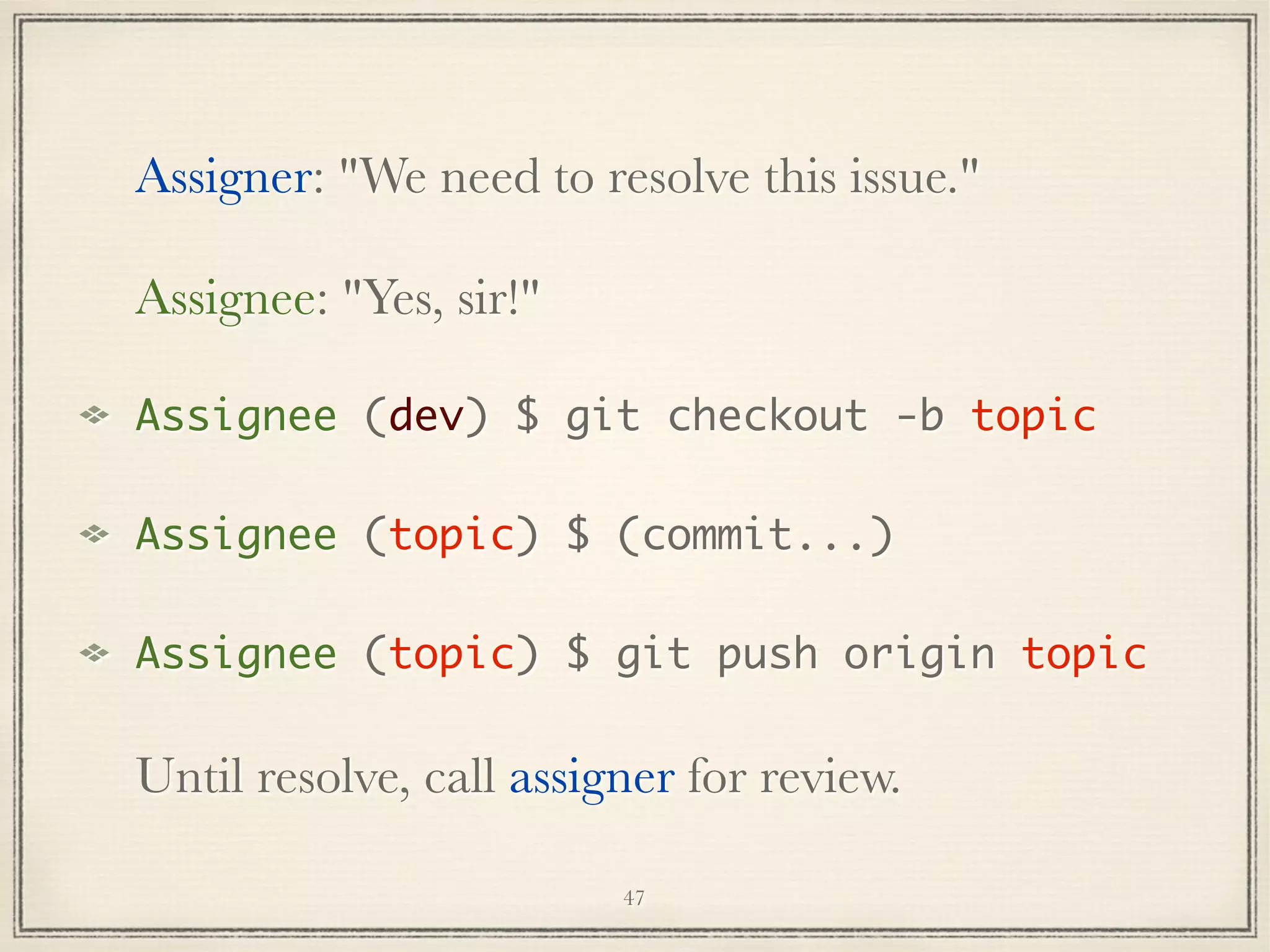 Assigner: "We need to resolve this issue."
Assignee: "Yes, sir!"
Assignee (dev) $ git checkout -b topic
Assignee (topic) $ (commit...)
Assignee (topic) $ git push origin topic

Until resolve, call assigner for review.
47

 