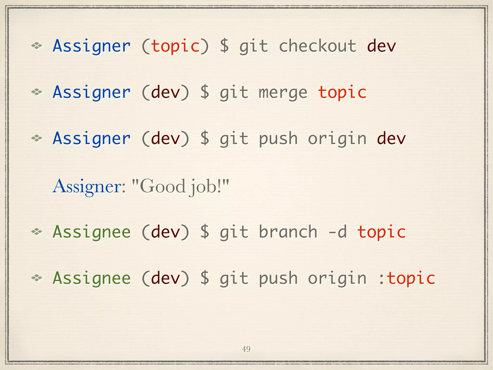 Assigner (topic) $ git checkout dev
Assigner (dev) $ git merge topic
Assigner (dev) $ git push origin dev

Assigner: "Good job!"
Assignee (dev) $ git branch -d topic
Assignee (dev) $ git push origin :topic

49

 