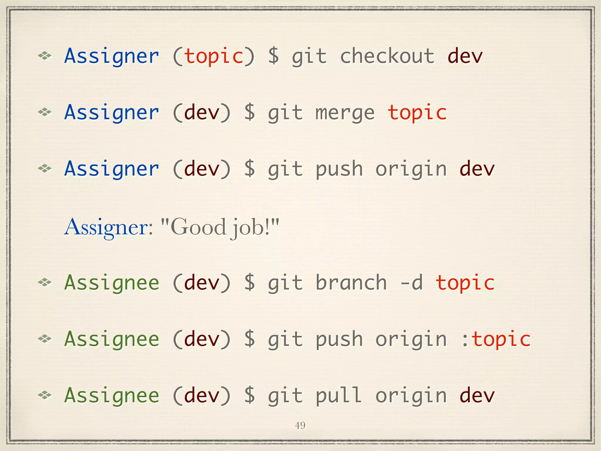 Assigner (topic) $ git checkout dev
Assigner (dev) $ git merge topic
Assigner (dev) $ git push origin dev

Assigner: "Good job!"
Assignee (dev) $ git branch -d topic
Assignee (dev) $ git push origin :topic
Assignee (dev) $ git pull origin dev
49

 