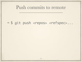 Push commits to remote
$ git push <repos> <refspec>...

42

 