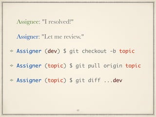 Assignee: "I resolved!"
Assigner: "Let me review."
Assigner (dev) $ git checkout -b topic
Assigner (topic) $ git pull origin topic
Assigner (topic) $ git diff ...dev

48

 