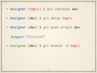 Assigner (topic) $ git checkout dev
Assigner (dev) $ git merge topic
Assigner (dev) $ git push origin dev

Assigner: "Good job!"
Assignee (dev) $ git branch -d topic

49

 