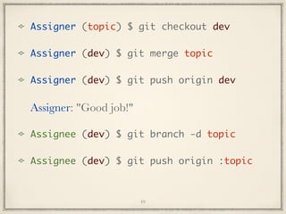 Assigner (topic) $ git checkout dev
Assigner (dev) $ git merge topic
Assigner (dev) $ git push origin dev

Assigner: "Good job!"
Assignee (dev) $ git branch -d topic
Assignee (dev) $ git push origin :topic

49

 