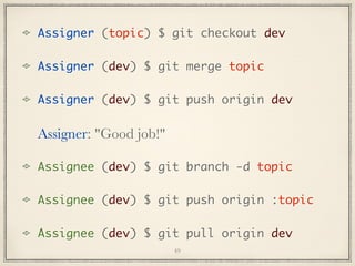 Assigner (topic) $ git checkout dev
Assigner (dev) $ git merge topic
Assigner (dev) $ git push origin dev

Assigner: "Good job!"
Assignee (dev) $ git branch -d topic
Assignee (dev) $ git push origin :topic
Assignee (dev) $ git pull origin dev
49

 